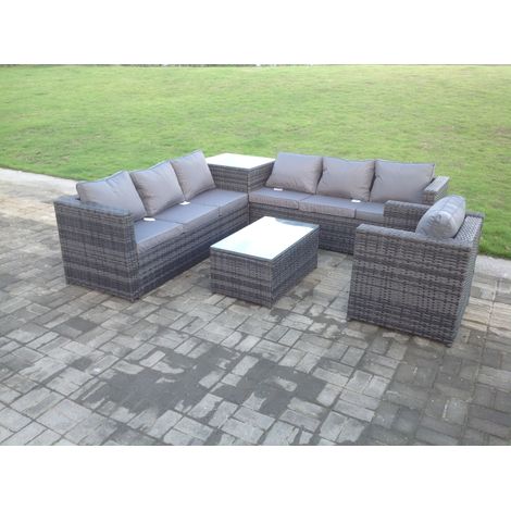 Fimous Grey Rattan Sofa Outdoor Garden Furniture Rectangular Coffee Table Set Patio With Cushions With Chair