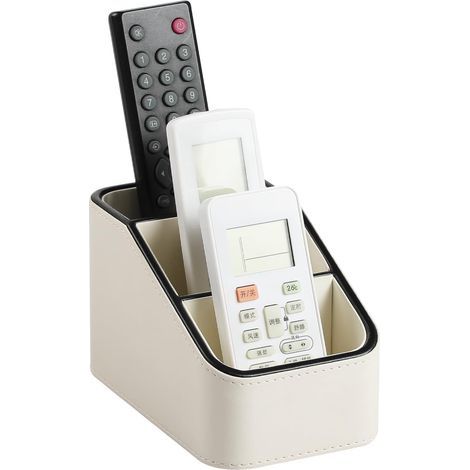 Boîte de rangement pour télécommande en cuir PU, petit organiseur de bureau, rangement pour fournitures de bureau, table de chevet et canapé, pot à crayons avec 3 compartiments (Beige) (1/5)