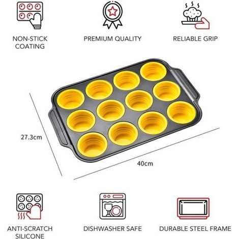 Moule à muffins, en silicone avec cadre en métal, antiadhésif, pour four, jaune/gris (1/5)