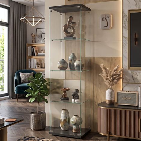 Creahappy Vitrine en Verre Trempé 4 Niveaux 164cm - Meuble d'Exposition Anti-Poussière Sécurisé - Style Contemporain - Noir (1/5)