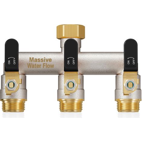 3voies Distributeur d'eau à double débit, distributeur d'eau 3/4 pouce, construction robuste en laiton nickelé, adaptateur de robinet extérieur à haut débit, poignée métallique allongée-poignée noire (1/5)