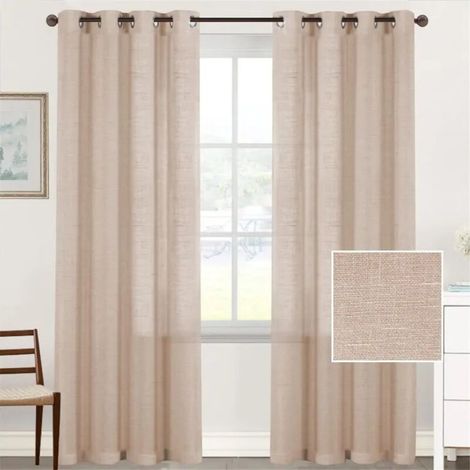 Lot de 2 rideaux à œillets effet lin, déco salon chambre cosy, rideau semi-transparent 132x182 cm (1/5)