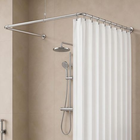 Tringle à rideau de douche en forme de U / L réglable en acier inoxydable pour baignoire/salle de bain, support de rideau de douche avec support de plafond, montage de perçage nécessaire (argent) (1/5)