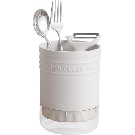 Porte-ustensiles de Cuisine en Plastique Rond égouttoir à Couverts égouttoir avec Compartiments, évier, Organisateur de Comptoir pour Fourchettes, Cuillères, Baguettes(Blanc) (1/5)
