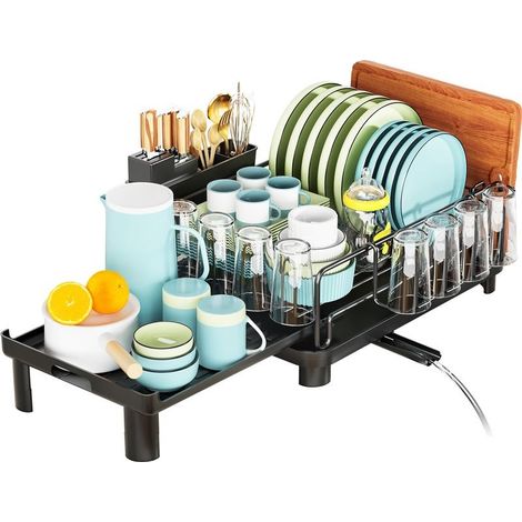 Expandable Stainless Steel Dish Drainer with Cutlery Holder and Removable Glass Holder, Adjustable Dish Drying Rack with 360° Rotating Spout (1/4)