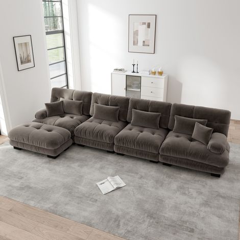 Canapé d'angle modulaire marron en chenille avec ottoman mobile et assise cloud (1/5)