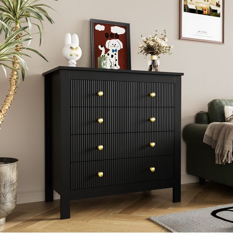 Cómoda 5 cajones con manijas doradas, para dormitorio y salón, negro (1/5)