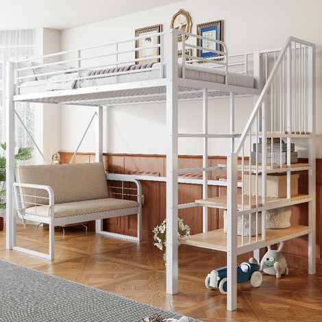 Etagenbett 90x200 cm mit Stauraumtreppe und abnehmbarem Polstersofa, platzsparendes Hochbett für Jugendliche und Erwachsene, Metallrahmen, Weiß (1/5)