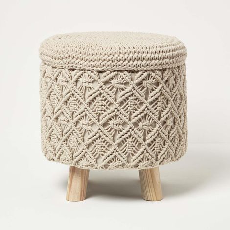 HOMESCAPES Indy – Makramee-Hocker mit Stauraum – natur, 43 cm hoch