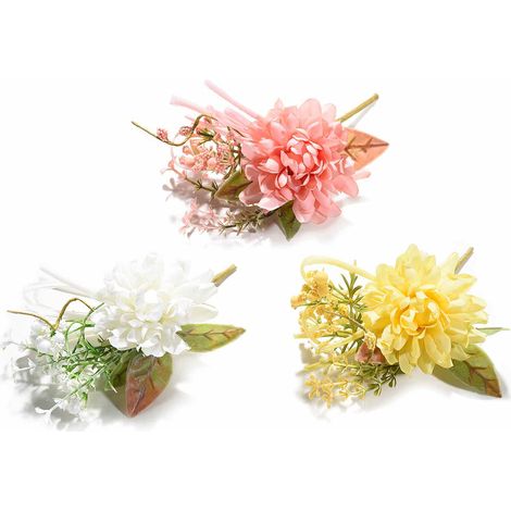Bouquets pics avec dahlia et petites fleurs en tissu colorées, nœud en satin assorti, lot de 18, H. 10 cm (16 cm avec tige)