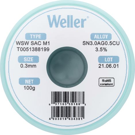Weller T0051388199 Lötzinn, bleifrei Spule, bleifrei Sn3,0Ag0,5Cu  100 g 0.30 mm