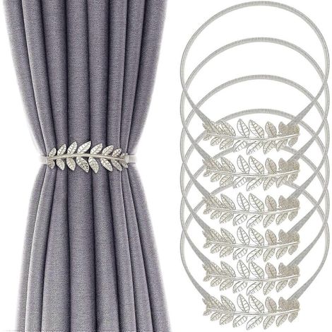 Lot de 6 embrasses de rideaux en alliage d'aluminium, design à ressort, motif feuille sculptée, attaches pour rideaux modernes (1/4)