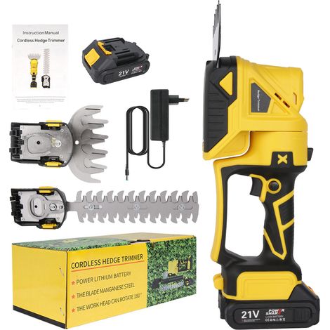 Taille-haie électrique à double usage avec 1 batterie et chargeur – Sans fil et taille-haies rotative – Tête ajustable – Moteur puissant 120W