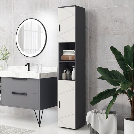 Armoire de salle de bain 30x30x183 cm gris foncé en bois avec étagères réglables et dispositif anti-basculement (1/5)