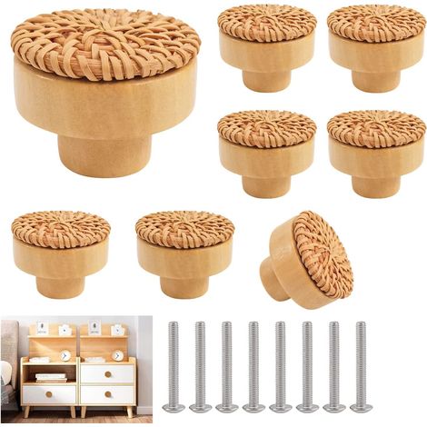 8 Pièces Bouton Cuisine De Placard En Rotin Poignée De Meuble Cuisine Boutons De Porte Meuble Tiroir Placard, Tiroir Enbois Ronds Pour Cusine Chambre Commode Placard Porte Remplacement MINKUROW (1/5)
