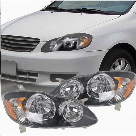 Paire Blocs optiques phares avant fond noir compatibles Toyota Corolla (2003 à 2008) Version Américaine Montage OEM, gauche conducteur + droit passager, tension 12V (1/4)