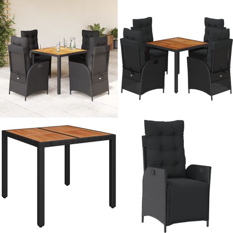 5-tlg. Garten-Essgruppe mit Kissen Schwarz Poly Rattan - Gartenstuhl - Gartentisch