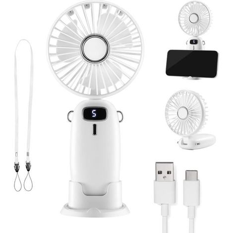 Mini ventilateur USB léger, 5 vitesses, pliable à 90°, avec sangle de 60 cm et support pour téléphone (blanc) (1/5)