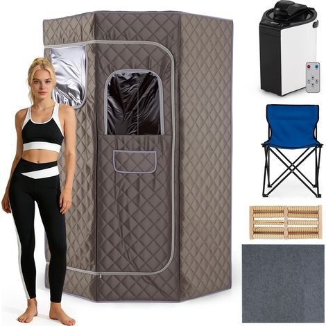 Sauna à Vapeur Portable 3L pour Maison, Tente de Sauna Pentagonale avec 9 Niveaux de Température, Télécommande, Minuterie, Tapis, 90x90x180 cm, Gris (1/5)