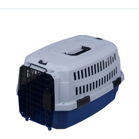 Cage de transport bicolore pour animaux de compagnie avec plateau hygiénique et ventilé.