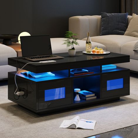 Tavolino 100 x 50 x 43 cm con LED RGB, presa europea e porta USB, nero lucido HAVRYA (1/5)