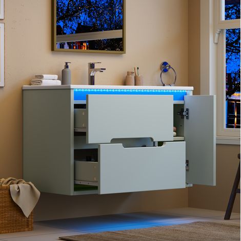 Mueble bajo lavabo mural 81x47x51 cm de MDF y cerámica verde con LED - MEUBLIV (1/5)