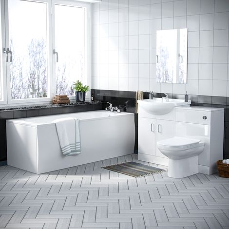 Ellen 1700mm Bath, 620mm White Vanity, Basin, BTW Toilet & WC Unit - Flat Pack (1/5)