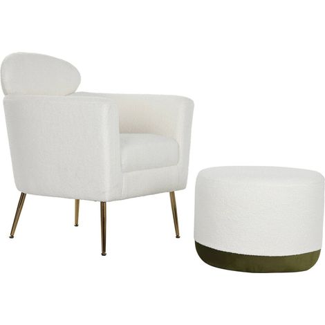 Fauteuil moderne blanc avec repose pieds élégant bois et polyester - Blanc neige et doré élégant (1/5)