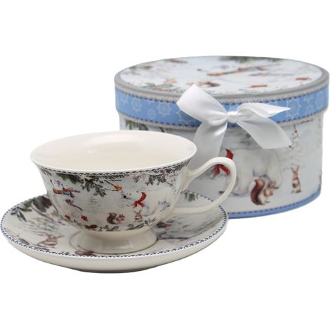 Tazza natalizia in porcellana da 220 ml con piattino in una confezione decorativa. (1/5)