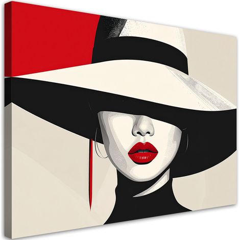 Quadro su tela, Una donna con un cappello a tesa larga e labbra rosse - 60x40 (1/2)
