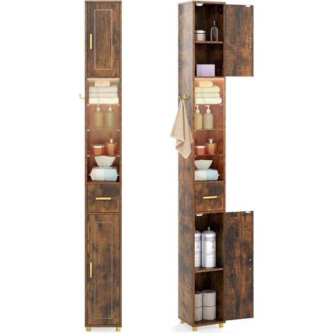 COSTWAY Mobile Bagno Alto e Stretto,con Striscia Luminosa, 20 x 20 x 181 cm,4 Ripiani, Caffè