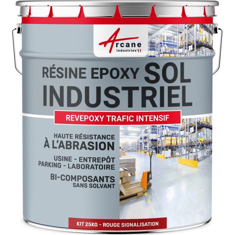 Peinture sol, résine epoxy, revêtement sol industriel et sol béton, usine, parking : Revepoxy trafic intensif - 25 kg (jusqu'à 50 m² en 2 couches) Rouge signalisation - RAL 3020 - ARCANE INDUSTRIES