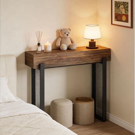 Mesa consola 100x18x80 cm marrón rústico y negro en madera y metal con almacenamiento oculto (1/5)