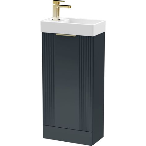 Dark Grey 400mm Floor Standing Cloakroom Vanity Basin Unit with Brushed Brass Handle Compact Bathroom Storage (1/4)