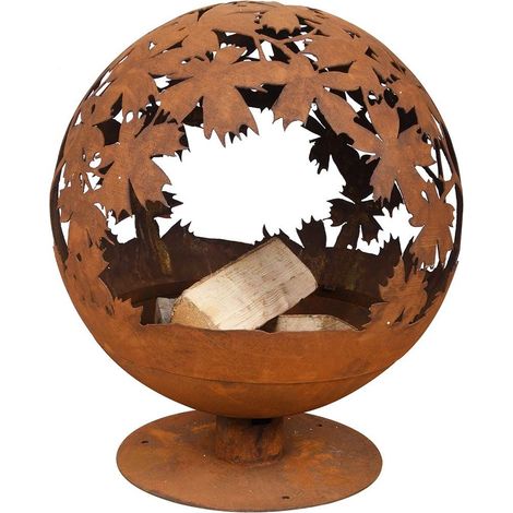 Esschert Design – Brasero rond rouillé en acier doux – Feuilles découpées au laser – Dimensions 55,8 x 58 x H 65,2 cm – Pour extérieur (1/4)