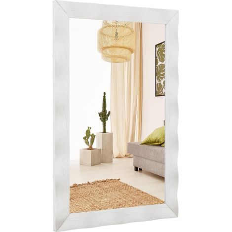 COSTWAY Espejo de Pared de 106 x 71,5 CM Estilo Rústico con Marco de Madera de Caucho Maciza, Superficie Irregular, Vertical y Horizontal, para Sala de Estar, Baño, Dormitorio (Blanco) (1/5)