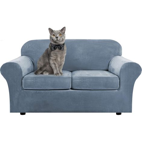 Soft and stretchy velvet sofa cover with separate cushion covers for 1, 2, 3 seater sofas with anti-slip strap for living room, bedroom (blue grey, 2 seater) (1/5)