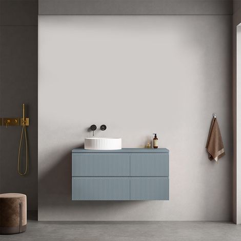 Mobile bagno sospeso cannettato reversibile  100 cm Blu Avio per Lavabo d'appoggio Senza Specchio - Fiji Paint Top Canneté (1/4)