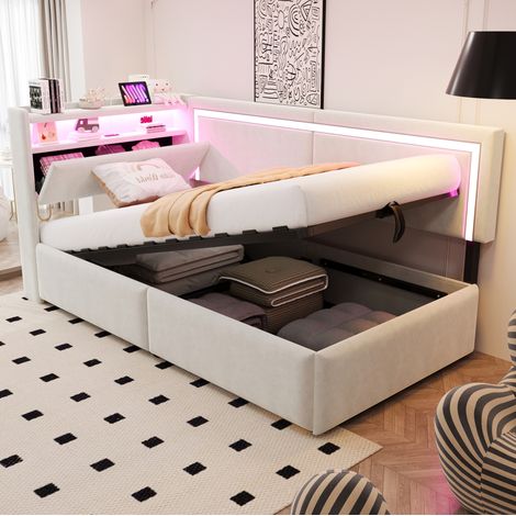 Sofá cama 90x200 cm de terciopelo beige con almacenaje para dormitorio, sin colchón FloraGrace (1/5)