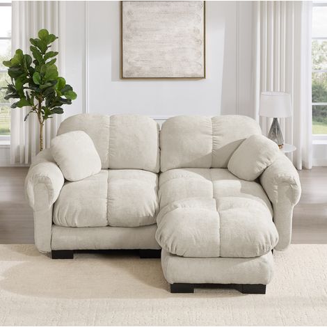 Sofá modular rinconero color caqui claro en chenilla con otomana móvil y cojines acolchados (1/5)