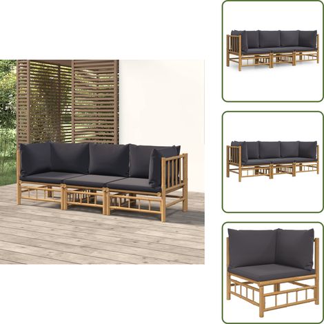 Bambú - vidaXL Set de muebles de jardín 3 piezas bambú con cojines gris oscuro - Cojines para sofás