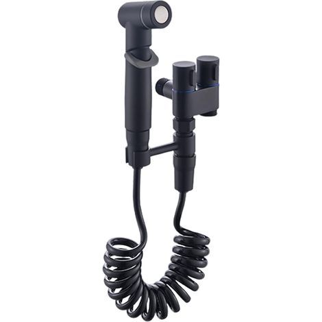 Kit de douchette de bidet noir mat, ensemble complet avec robinet double sortie, tuyau élastique 2m et support, pulvérisation réglable, installation facile pour toilette (1/5)