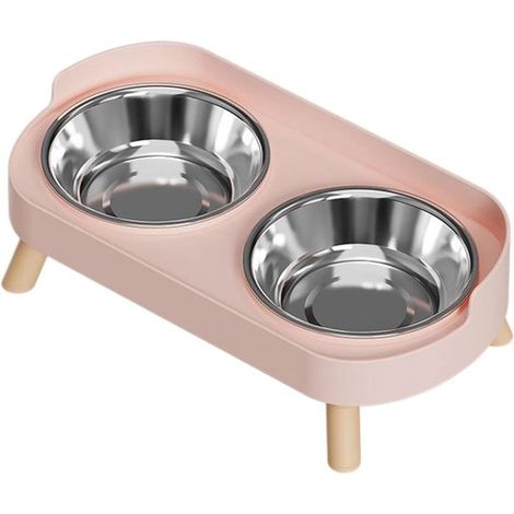Gamelle surélevée double en acier inoxydable - Avec support anti-éclaboussures - Pour nourriture et eau - Pour chats, chiens, chatons et chiots - Rose (1/5)