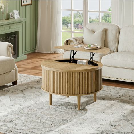 Table basse ronde relevable avec rangement, double plateau abattant 80 x 80 x 50 cm, panneau naturel (1/5)