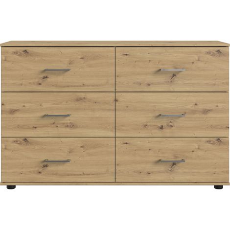 Commode meuble de rangement coloris imitation chêne Artisan/chrome brillant - Longueur 130 x Hauteur 83 x Profondeur 41 cm -PEGANE-