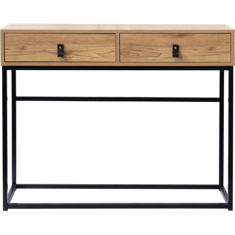 Console 2 tiroirs en bois chêne et métal noir – Dimensions L 100.3 x P 35.3 x H 80.5 cm – Poignées imitation cuir