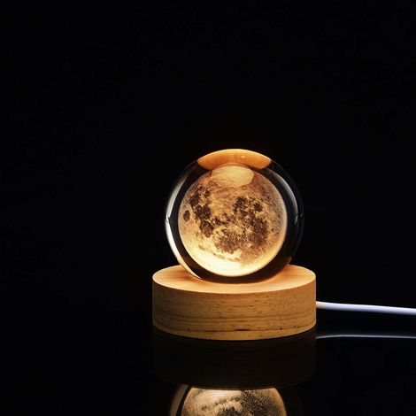 Lampe globe en cristal gravée en 3D, veilleuse boule de cristal lumineuse, lampe d'ambiance romantique avec socle en bois (1/5)