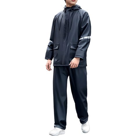 Ensemble imperméable 2 pièces avec chapeau, veste et pantalon fendus, noir, taille XL, avec bandes réfléchissantes.