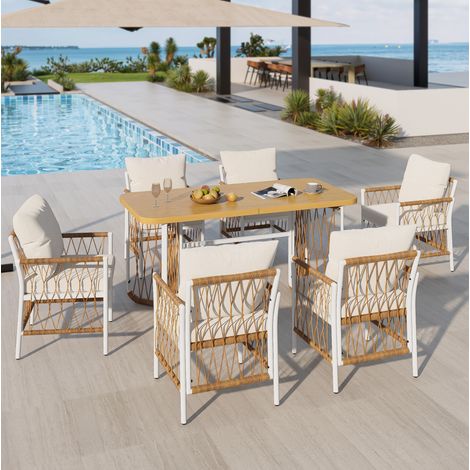 7-teiliges Garten-Esstisch-Set aus Eisen, Polyester und PE-Rattan, Beige/Braun/Natur, Tisch 159,5x77,5x75 cm (1/5)