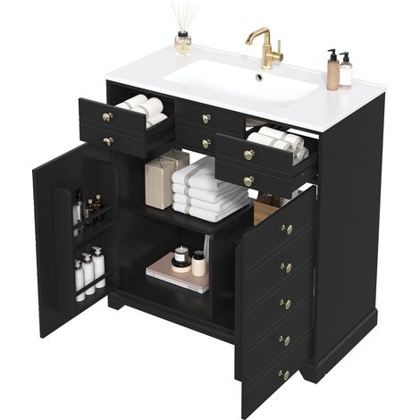 Meuble de salle de bain noir et doré, meuble sous-vasque avec vasque en céramique, meuble de salle de bain avec tiroirs et armoire, meuble moderne pour salle de bain